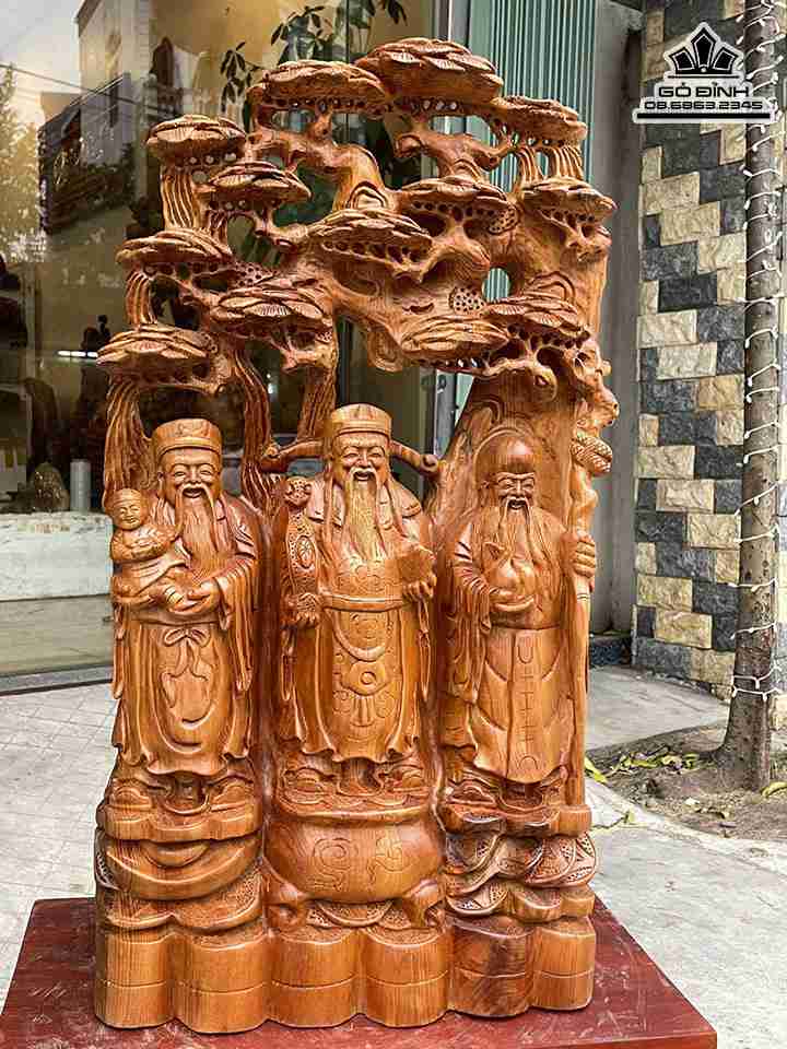 Tượng Tam Đa Cây Tùng Gỗ Ngọc Am  Cao 79 Ngang 43 Sâu 20 (cm)