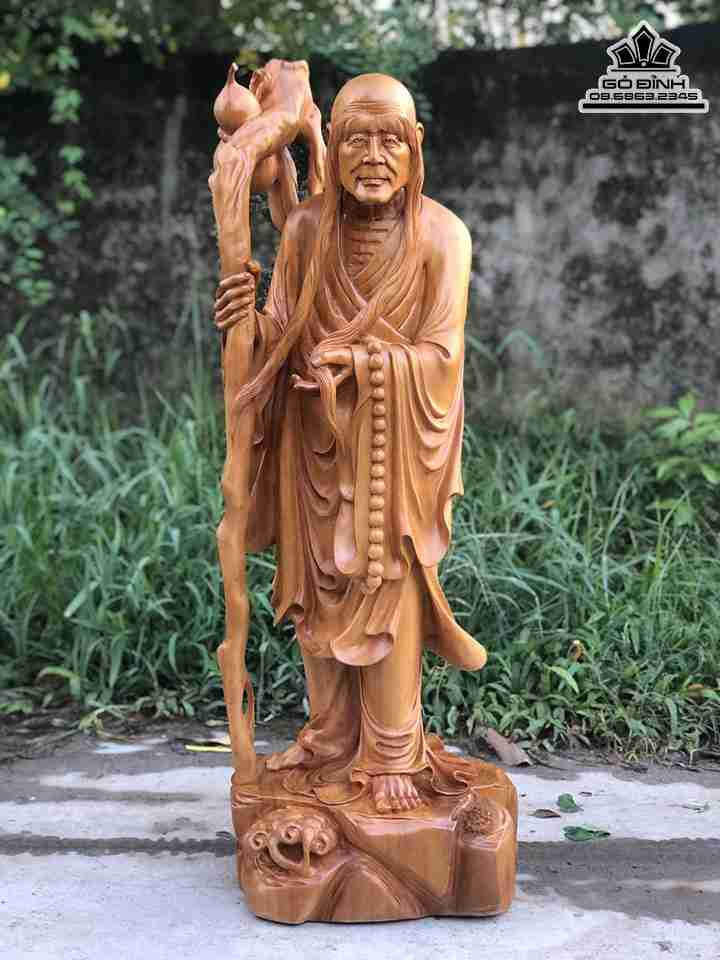 Tượng Trường Mi La Hán Gỗ Ngọc Am  Cao 94 Ngang 33 Sâu 25 (cm)