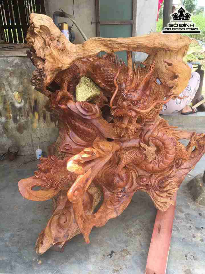 Tượng Nhất Long Vờn Ngọc Gỗ Sụn Hương  Ngang 100 Sâu 100 Cao 110 (cm)