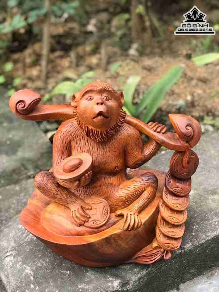 Tượng Khỉ Phú Quý Gỗ Hương  Cao 25 Ngang 30 Sâu 20 (cm)