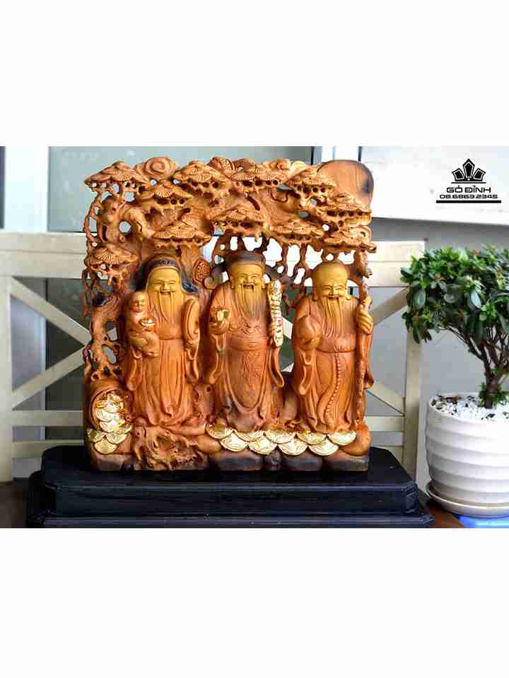 Tượng Tam Đa Phúc Lộc Thọ Gỗ Bách Xanh  Cao 62 Ngang 50 Dày 20 (cm) tính cả kỷ