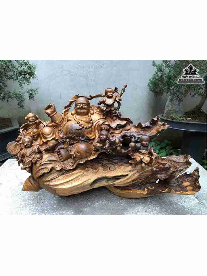 Tượng Phật Di Lặc Ngồi Bắp Cải Gỗ Bách Xanh  Cao 48 Ngang 72 Sâu 33 (cm)