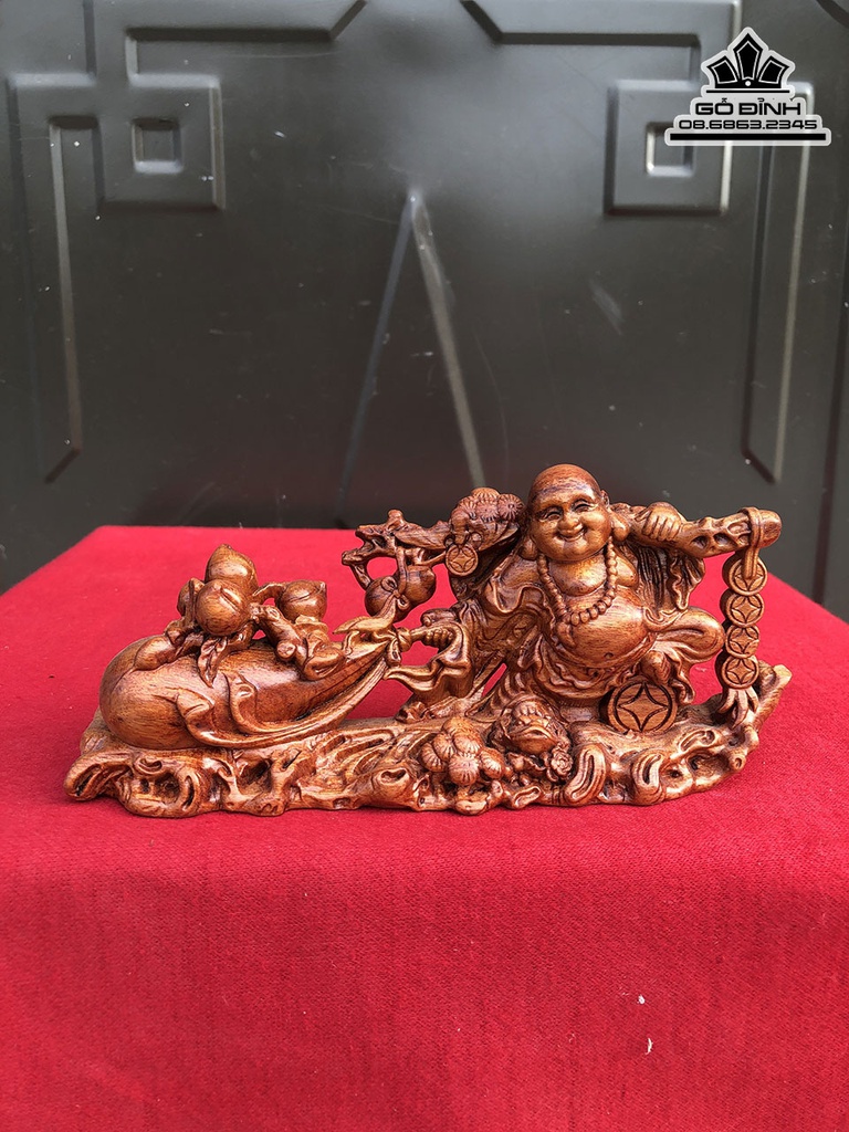 Tượng Phật Di Lặc Kéo Bao Tiền Gỗ Hương Cao 9 Ngang 20 Sâu 5.5 (cm)
