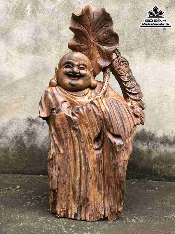 Tượng Phật Di Lặc Lá Sen Gỗ Bách Xanh  Cao 58 Ngang 31 Sâu 23 (cm)