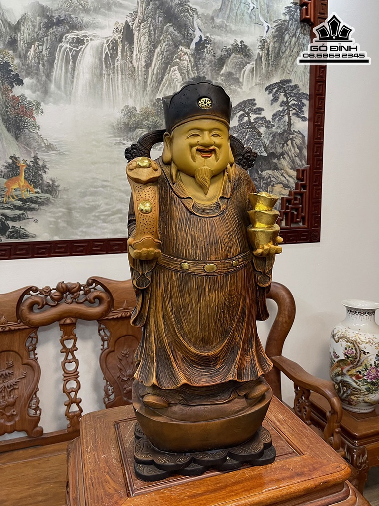 Tượng Thần Tài Gỗ Pơ Mu Cao 68 Ngang 28 Sâu 18 (cm)