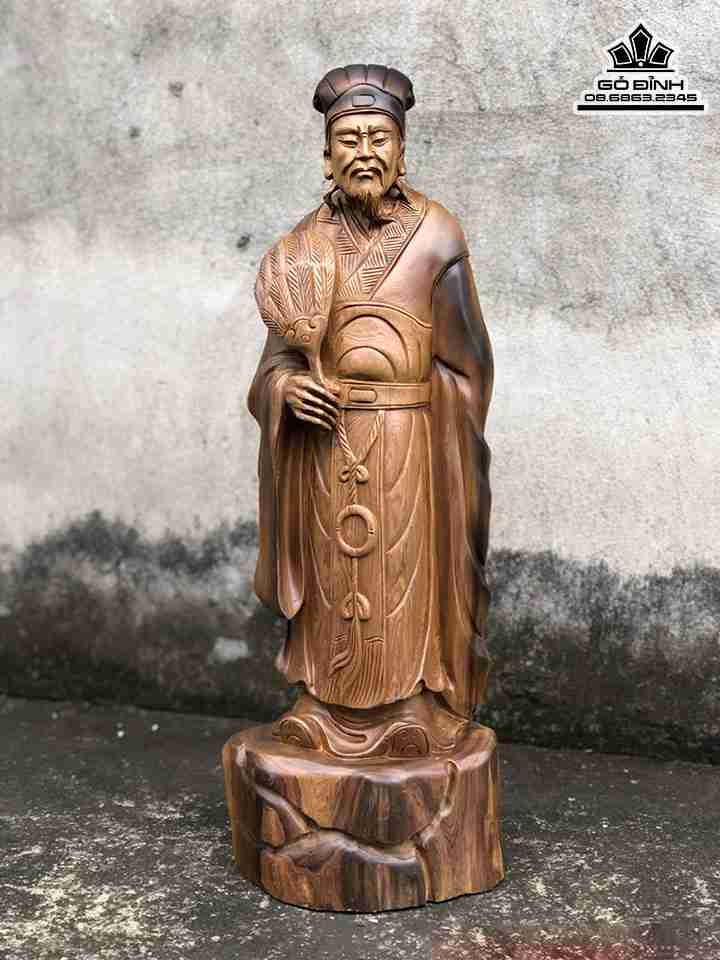 Tượng Khổng Minh Gia Cát Lượng Gỗ Bách Xanh  Cao 55 Ngang 20 Sâu 15 (cm)