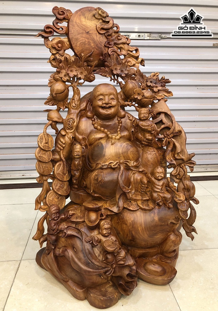 Tượng Phật Di lặc Vác Cành Đào Gỗ Hương Cao 90 Ngang 57 Sâu 50 (cm)