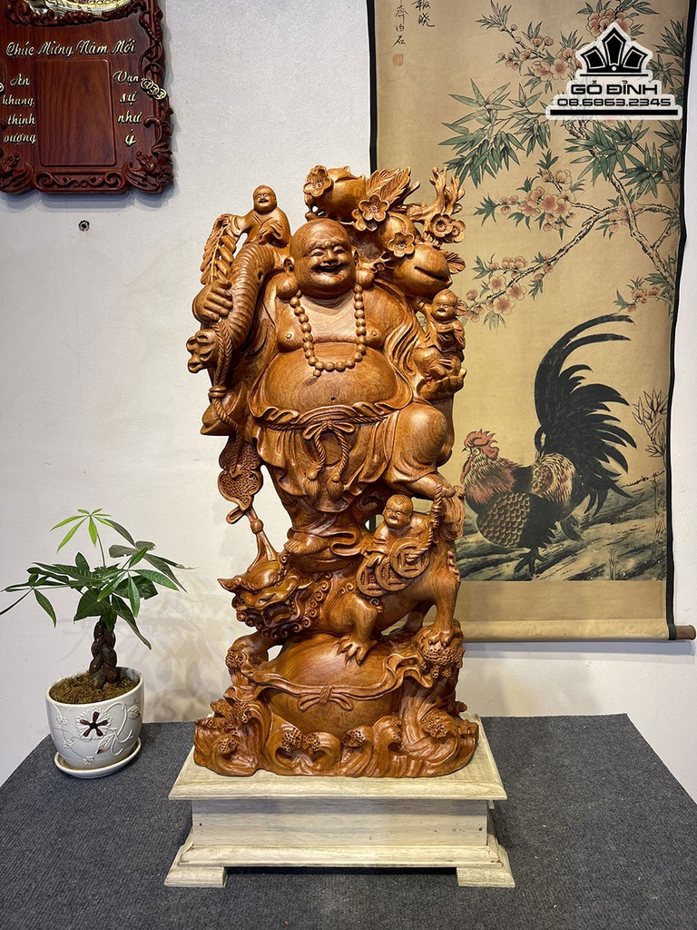 Tượng Phật Di Lặc Đứng Nghê Gỗ Hương Cao 73 Ngang 31 Sâu 14 (cm)