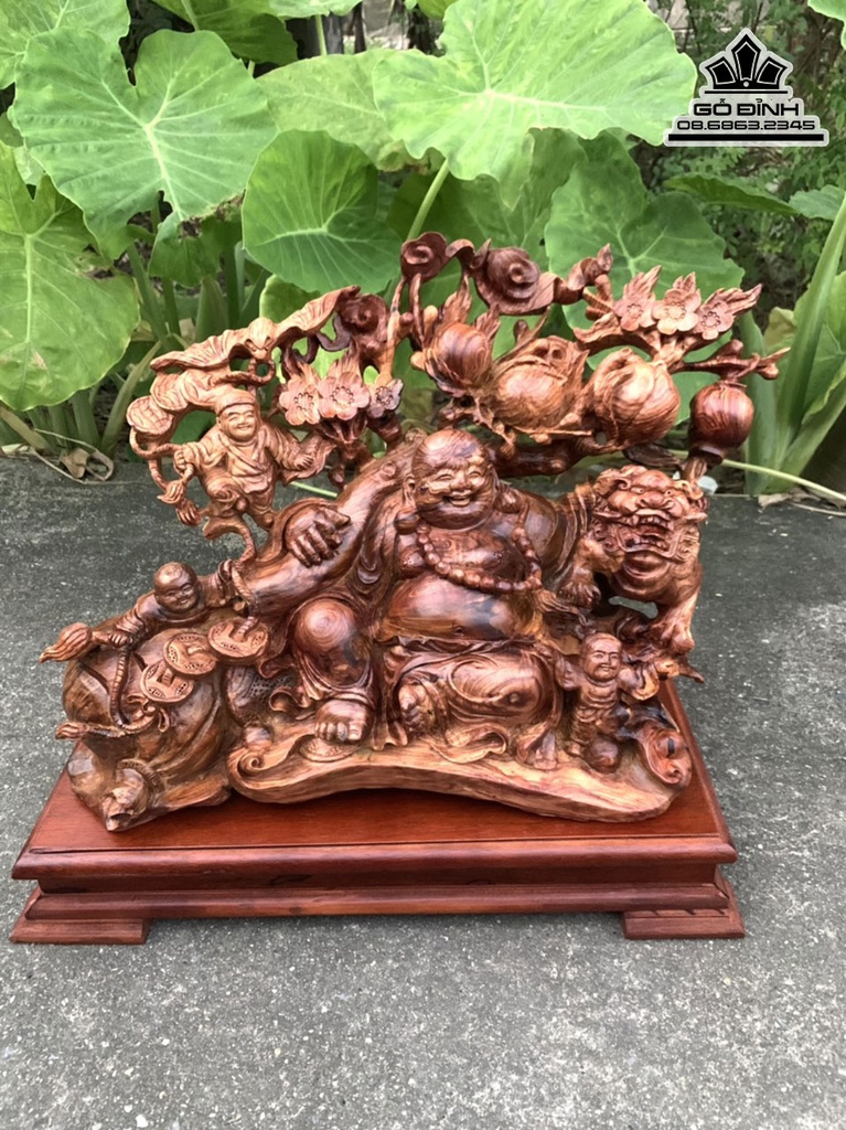 Tượng Phật Di Lặc Vác Cành Đào Gỗ Cẩm Chỉ Cao 30 Ngang 55 Sâu 30 (cm)