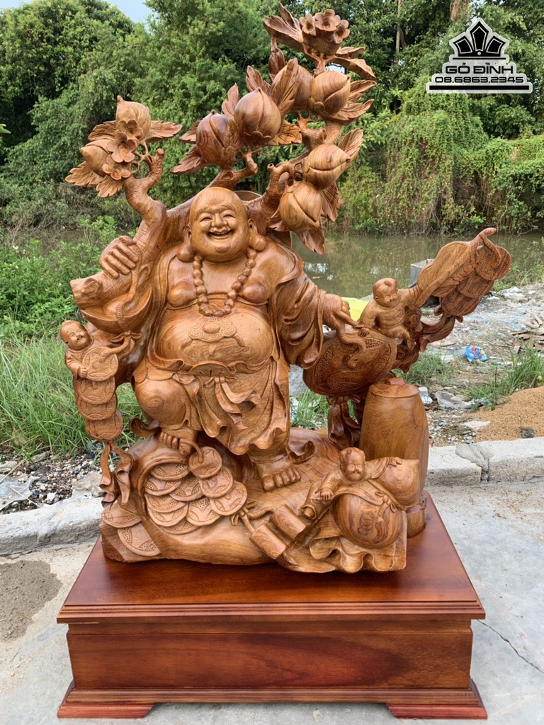Tượng Phật Di lặc Vác Cành Đào Gỗ Hương Việt Cao 115 Ngang 75 Sâu 33 (cm)