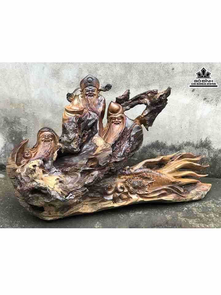 Tượng Tam Đa Phúc Lộc Thọ Gỗ Lũa Bách Xanh  Cao 52 Ngang 88 Sâu 36 (cm)