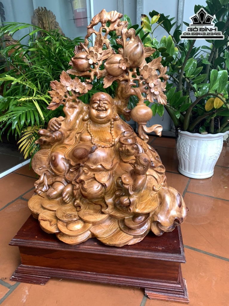 Tượng Phật Di Lặc Vác Cành Đào Gỗ Hương Việt Cao 86 Ngang 58 Sâu 42 Cả Kỷ 102 (cm)