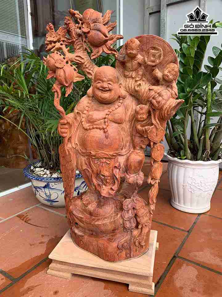 Tượng Phật Di Lặc Vác Cành Đào Gỗ Hương  Cao 89 Ngang 45 Sâu 25 (cm)