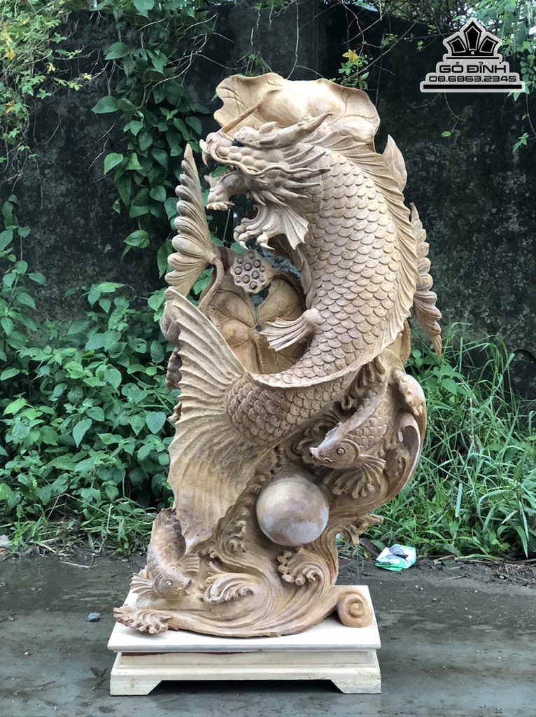 Tượng Cá Chép Hóa Rồng Gỗ Ngọc Am Cao 90 Ngang 43 Sâu 24 (cm)