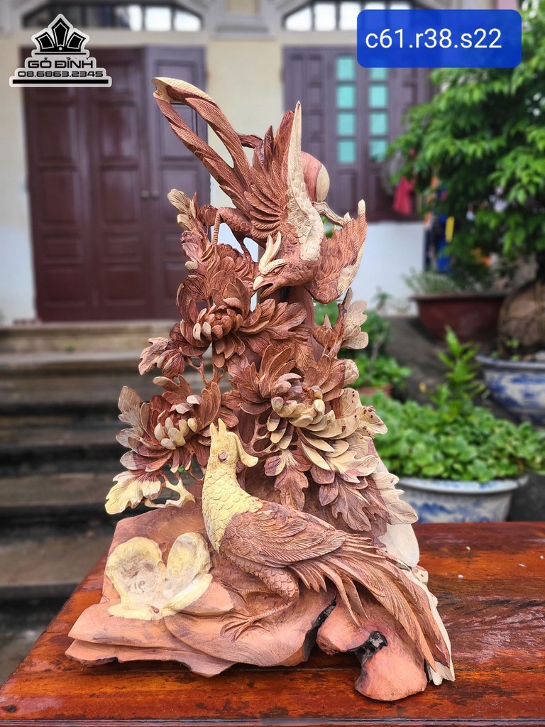 Tượng Song Điểu Uyên Ương Gỗ Hương Việt Cao 61 Ngang 38 Sâu 22 (cm)