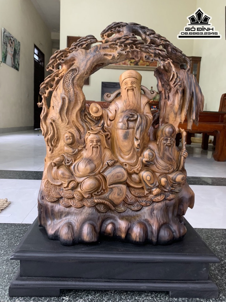 Tượng Phúc Lộc Thọ (Tam Đa) Gỗ Bách Xanh Cao 68 Ngang 48 Sâu 19 (cm)