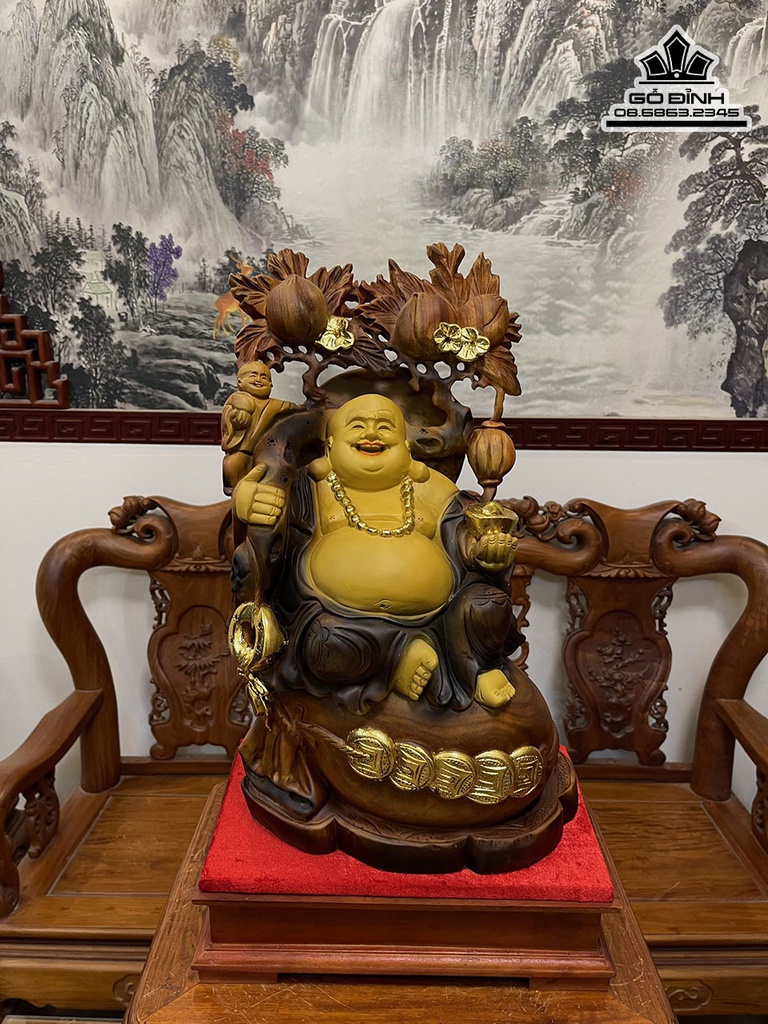 Tượng Phật Di Lặc Tài Lộc Gỗ Xá Xị (Gù Hương) Cao 52 Ngang 33 Sâu 23 (cm)