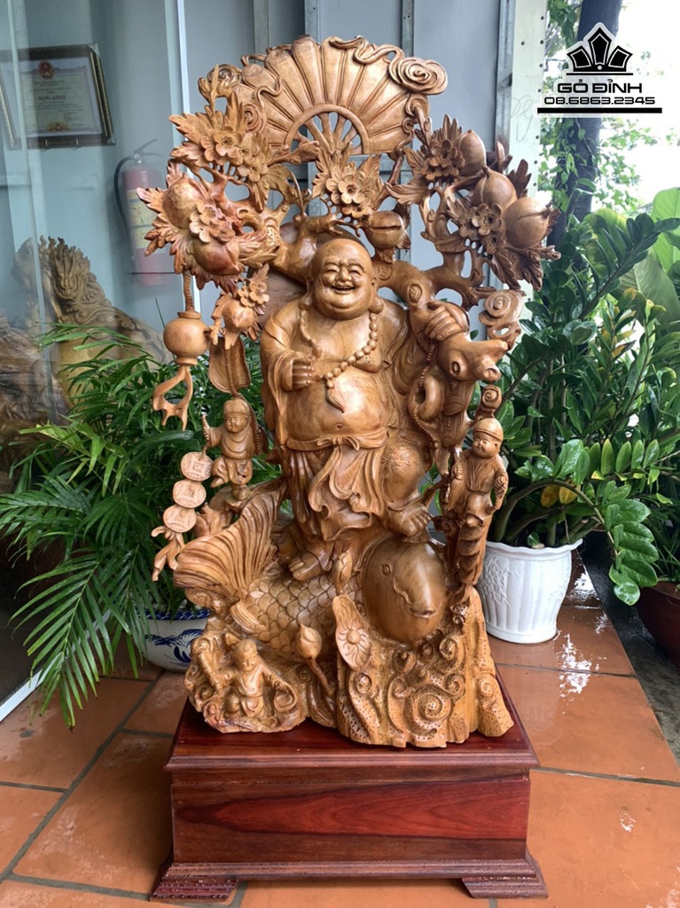 Tượng Phật Di Lặc Vác Cành Đào Gỗ Hương Việt Cao 135 Ngang 60 Sâu 23 (cm)
