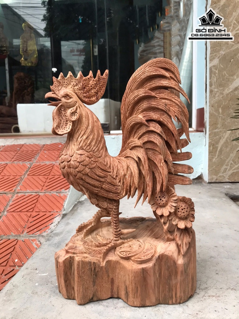 Tượng Gà Trống Gỗ Hương Việt Cao 42 Ngang 26 Sâu 19 (cm)