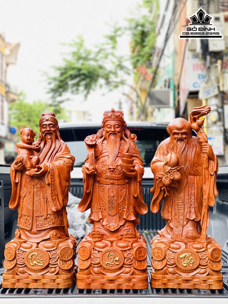 Tượng Phúc Lộc Thọ (Tam Đa) Gỗ Hương Đá Cao 80 Ngang 31 Sâu 27 (cm)