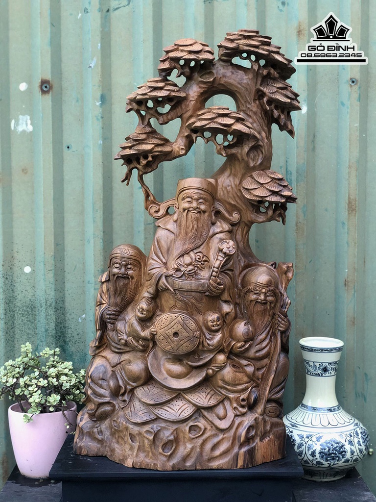 Tượng Phúc Lộc Thọ (Tam Đa) Gỗ Bách Xanh Cao 69 Ngang 33 Sâu 14 (cm)