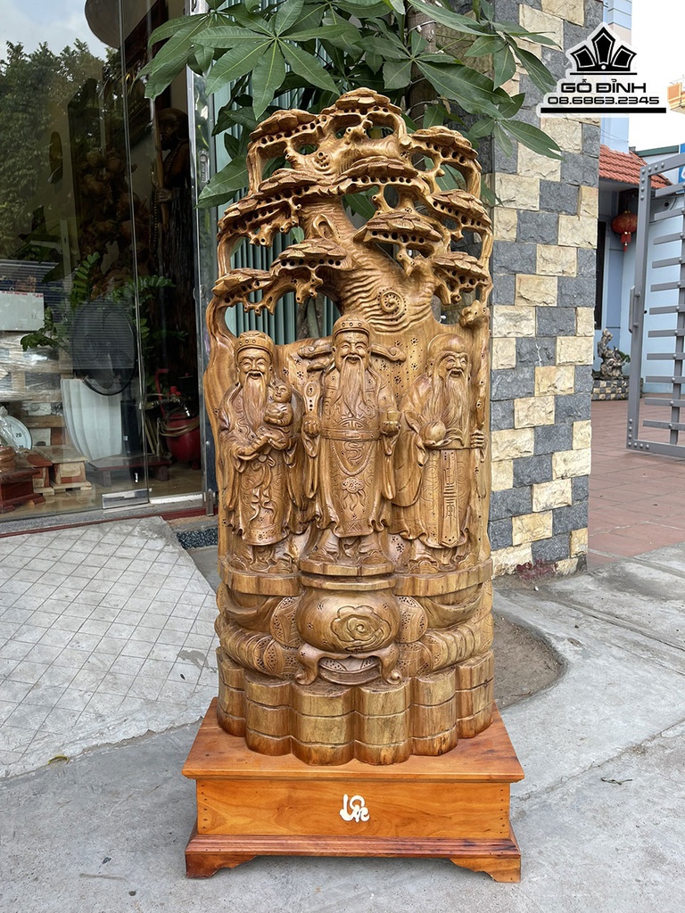 Tượng Phúc Lộc Thọ (Tam Đa) Gỗ Xá Xị (Gù Hương) Cao 98 Ngang 46 Sâu 16 Cả Kỷ 115 (cm)