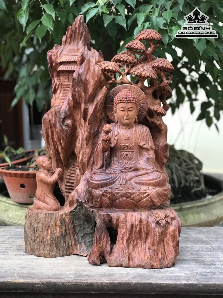 Tượng Nhất Tâm Bái Phật Gỗ Hương Cao 64 Ngang 40 Sâu 35 (cm)