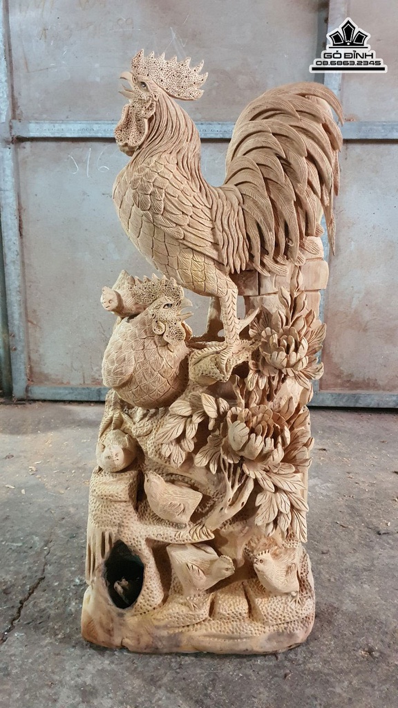 Tượng Gia Đình Gà Gỗ Ngọc Am Cao 104 Ngang 48 Sâu 21 (cm)