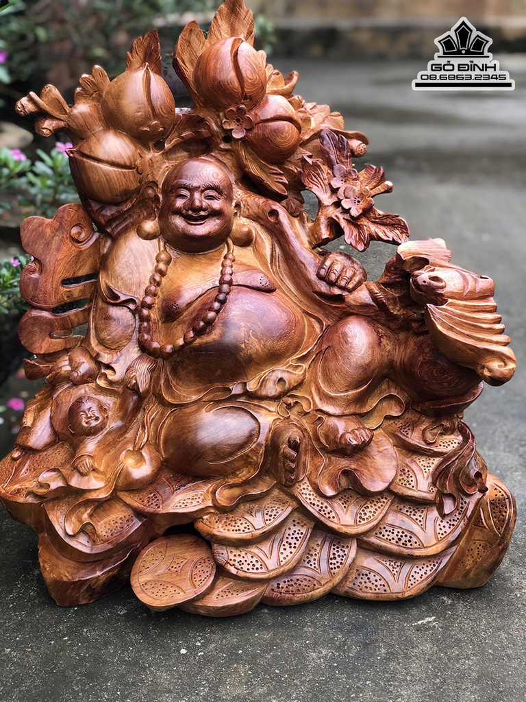 Tượng Phật Di Lặc Vác Cành Đào Gỗ Hương Việt Cao 57 Ngang 53 Sâu 25 (cm)