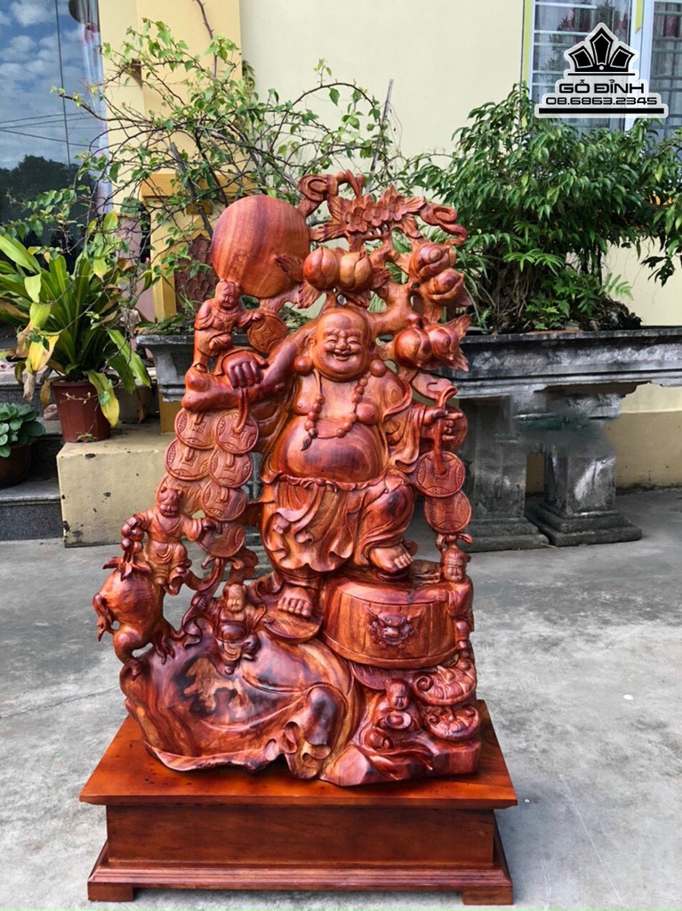 Tượng Phật Di Lặc Vác Cành Đào Gỗ Hương Việt Cao 90 Ngang 58 Sâu 27 Cả Kỷ 107 (cm)