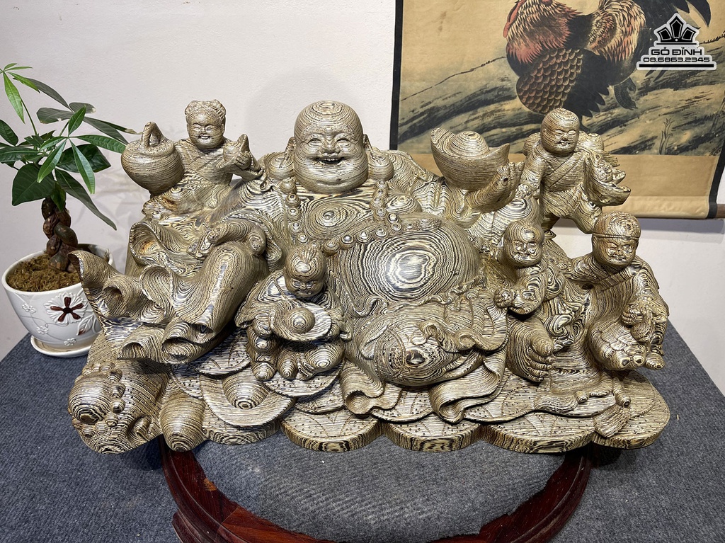 Tượng Phật Di Lặc Ngũ Phúc Gỗ Mun Cao 28 Ngang 60 Sâu 28 (cm)