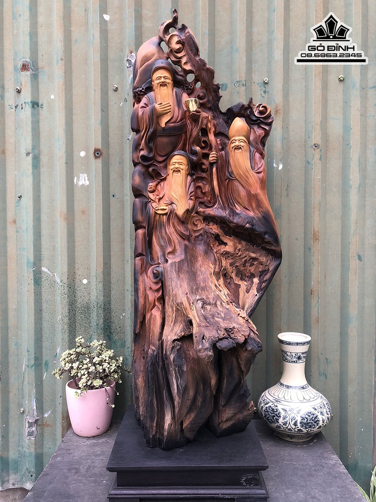 Tượng Phúc Lộc Thọ (Tam Đa) Gỗ Bách Xanh Cao 99 Ngang 34 Sâu 32 (cm )