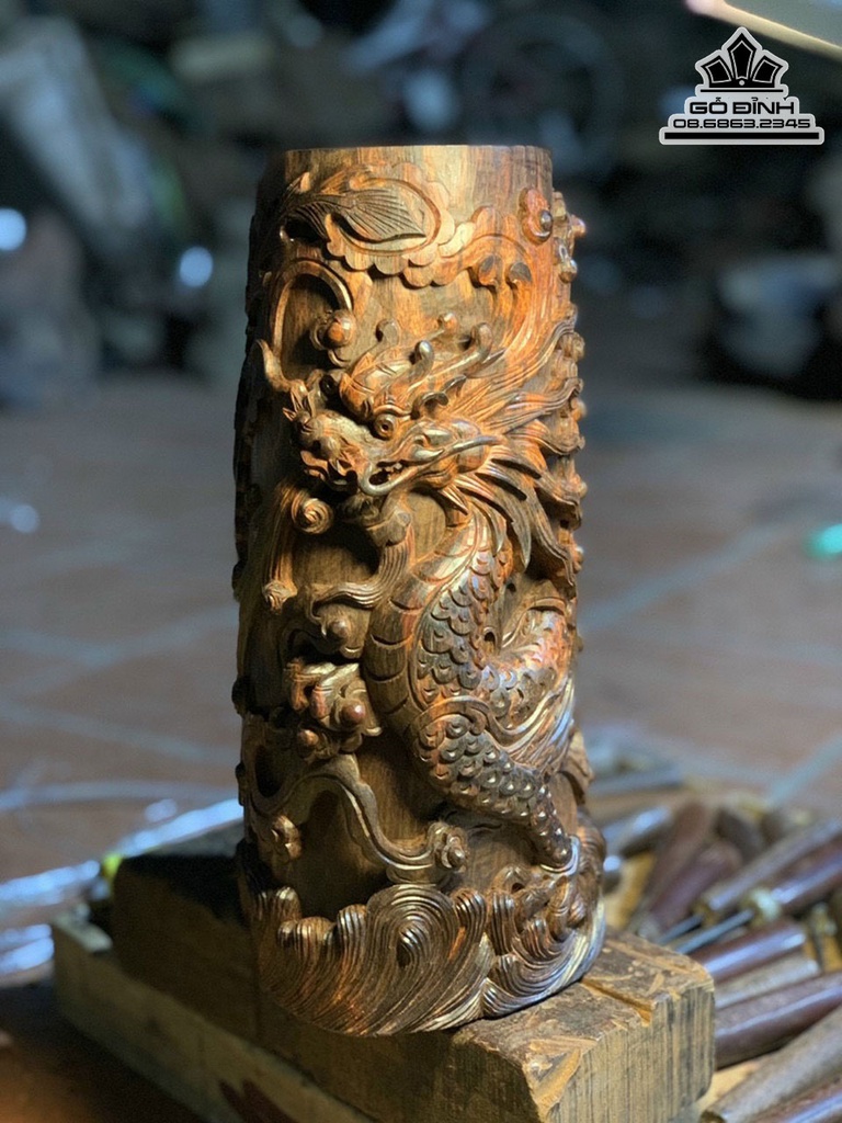 Ống Bút Tứ Linh Gỗ Trắc Cao 30 Ngang 16.5 Sâu 14 (cm)