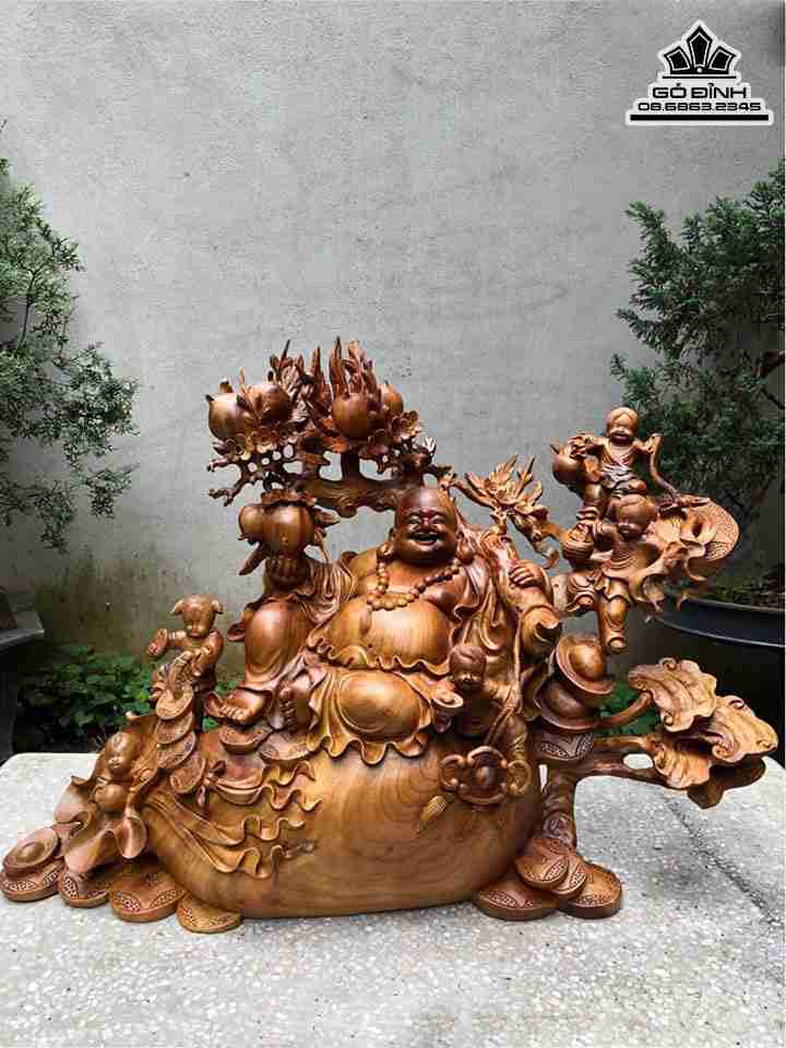 Tượng Phật Di Lặc Ngồi Ngũ Phúc Gỗ Xá Xị ( Gù Hương )  Cao 65 Ngang 68 Sâu 45 (cm)