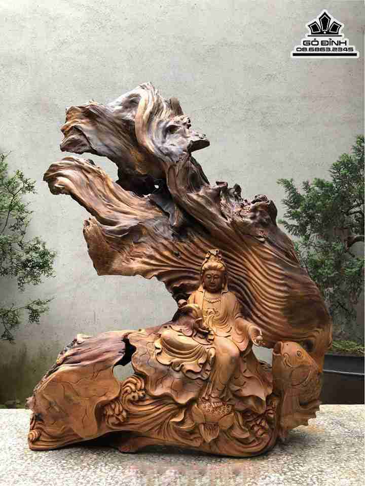 Tượng Phật Bà Quan Thế Âm Tự Tại Gỗ Bách Xanh  Cao 92 Ngang 72 Sâu 38 (cm)