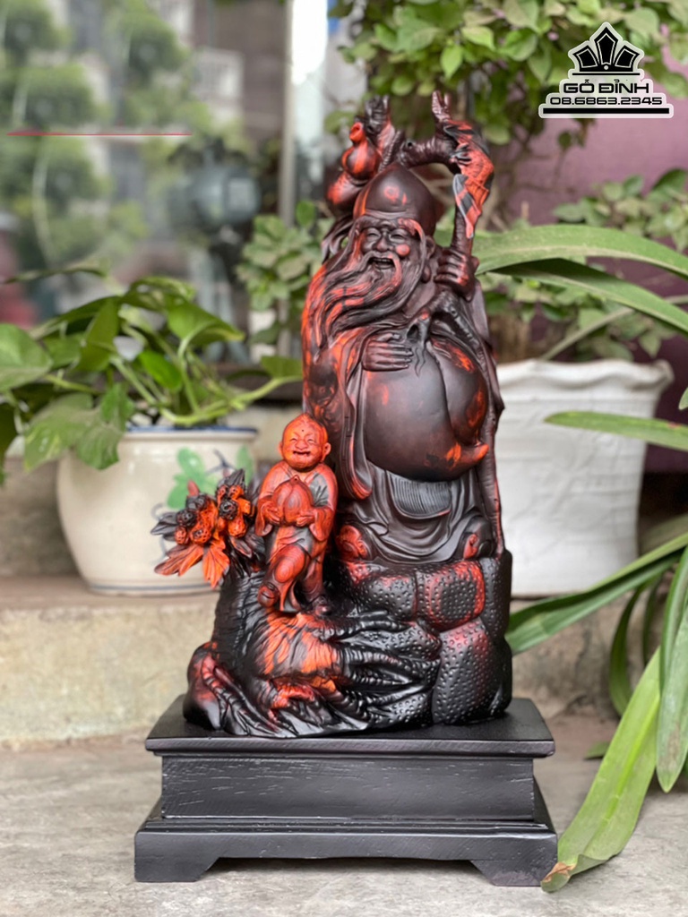 Tượng Cụ Thọ Đào Gỗ Trắc Cao 50 Ngang 27 Sâu 19 Cả Kỷ 10 (cm)