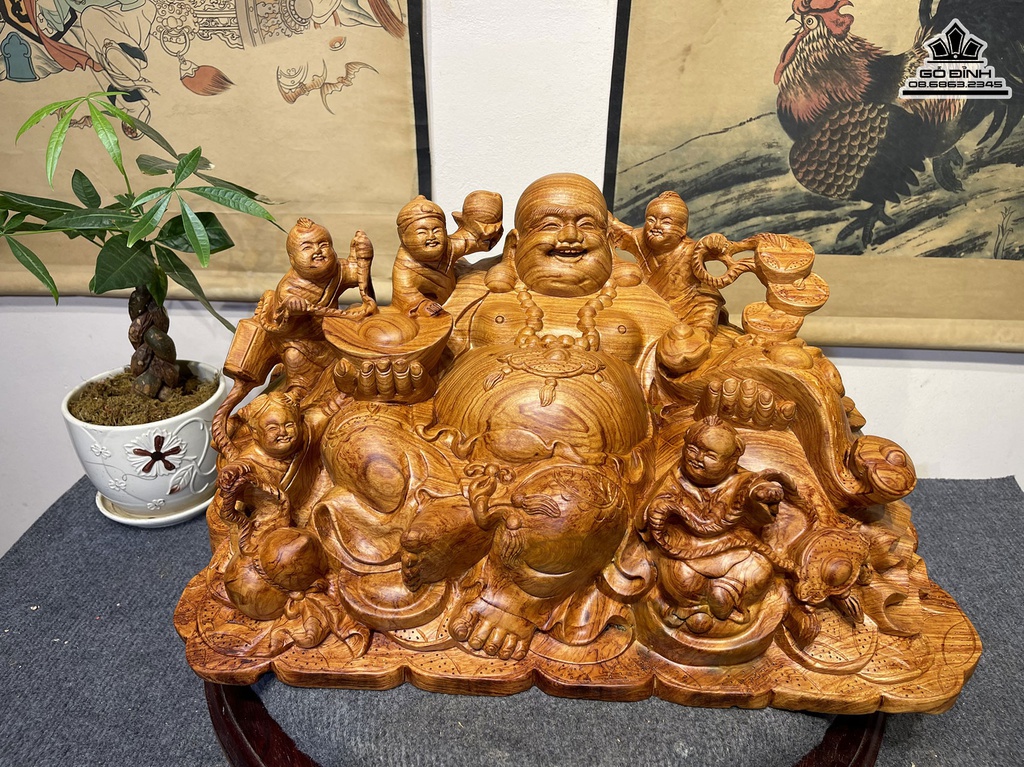 Tượng Phật Di Lặc Ngũ Phúc Gỗ Hương Cao 26 Ngang 50 Sâu 26 (cm)