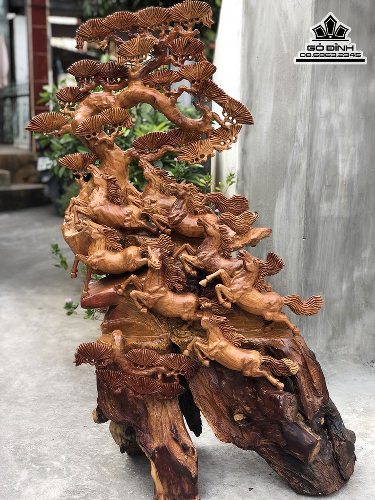 Tượng Ngựa Phong Thủy Bát Mã Gỗ Hương Việt Cao 129 Ngang 66 Sâu 55 (cm)