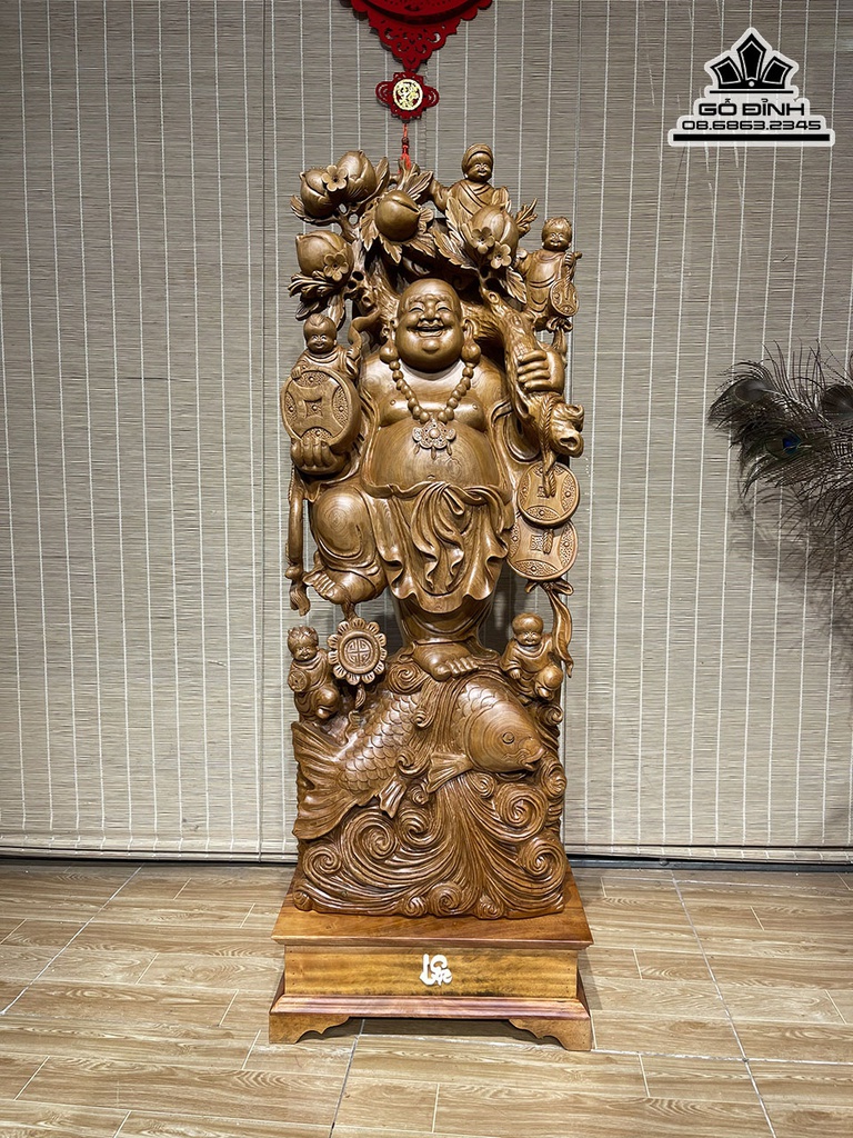 Tượng Phật Di Lặc Ngũ Phúc Gỗ Ngọc Am Cao Cả Kỷ 118 Ngang 40 Sâu 18 (cm)