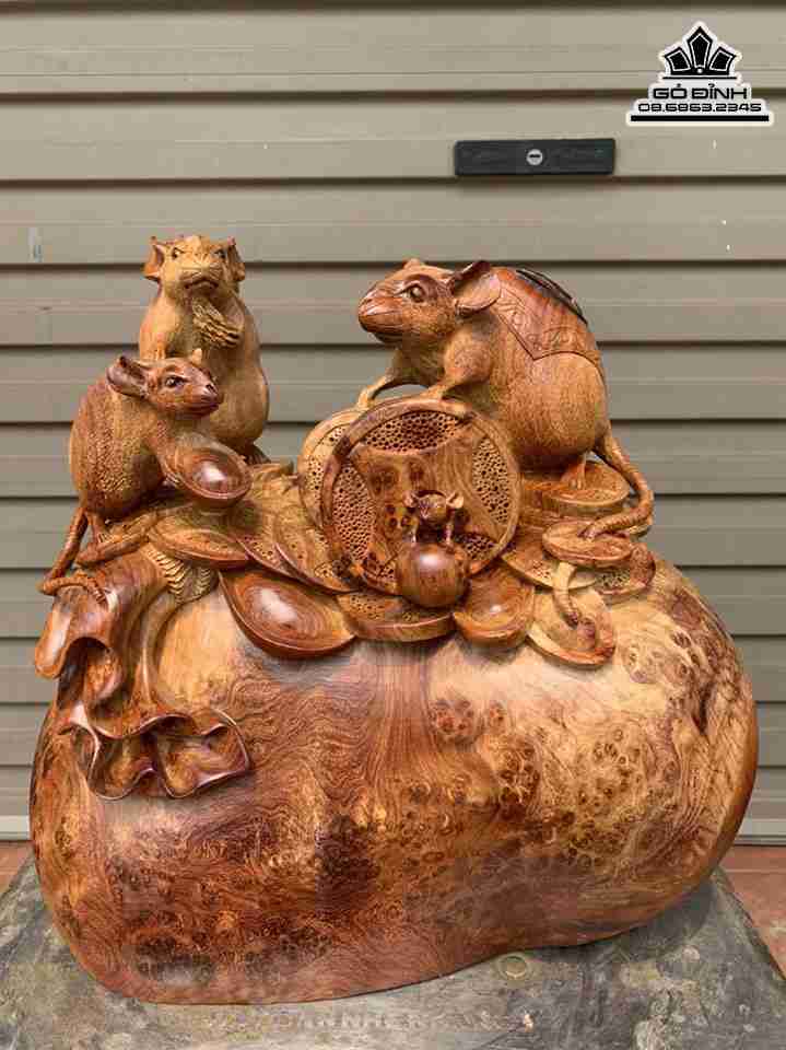 Tượng Chuột Gỗ Nu Hương   Cao 40 Rộng 38 Sâu 25 (cm)