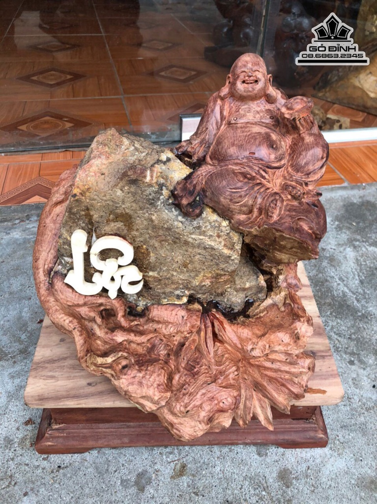 Tượng Phật Di Lặc Gỗ Hương Việt Cao 35 Ngang 27 Sâu 24 Cao Kỷ 10 (cm)