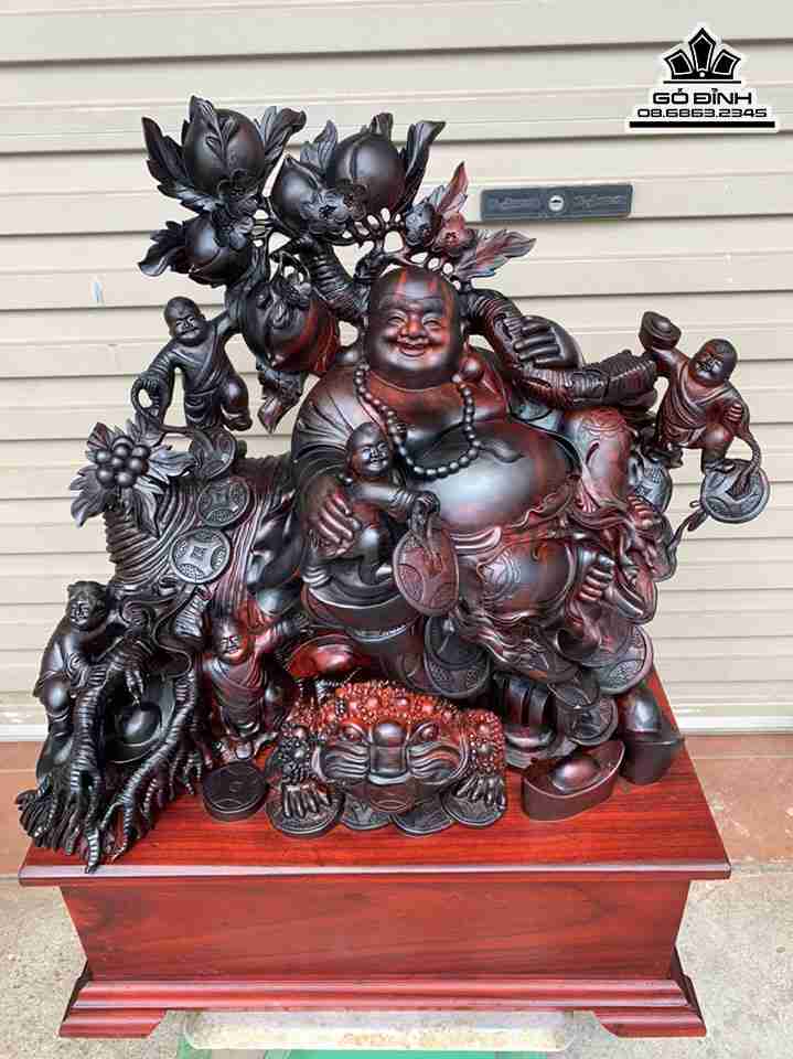 Tượng Phật Di Lặc Ngồi Ngũ Phúc Gỗ Trắc  Rộng 60 Sâu 35 Cao 45 (cm)