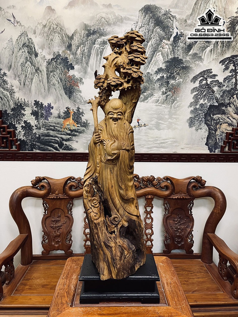 Tượng Cụ Thọ Gỗ Bách Xanh Cao 84 Ngang 24 Sâu 18 (cm)