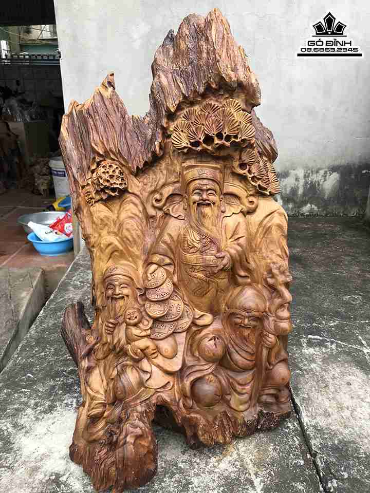 Tượng Tam Đa Phúc Lộc Thọ Gỗ Bách Xanh  Cao 68 Ngang 41 Sâu 25 (cm)