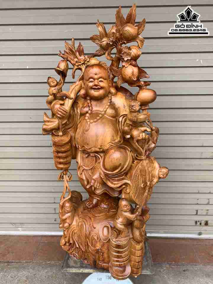 Tượng Phật Di Lặc Vác Cành Đào Gỗ Hương  Cao 1m20 Rộng 60 Sâu 43 (cm)