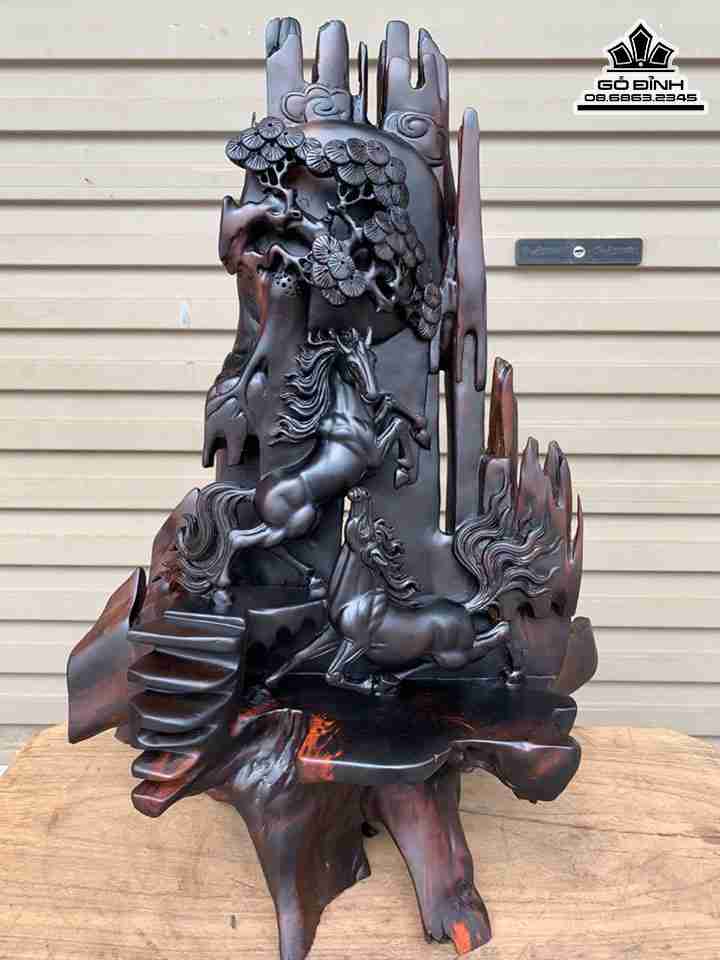 Tượng Song Mã Uyên Ương Gỗ Trắc  Cao 58 Rộng 45 Sâu 20 (cm)