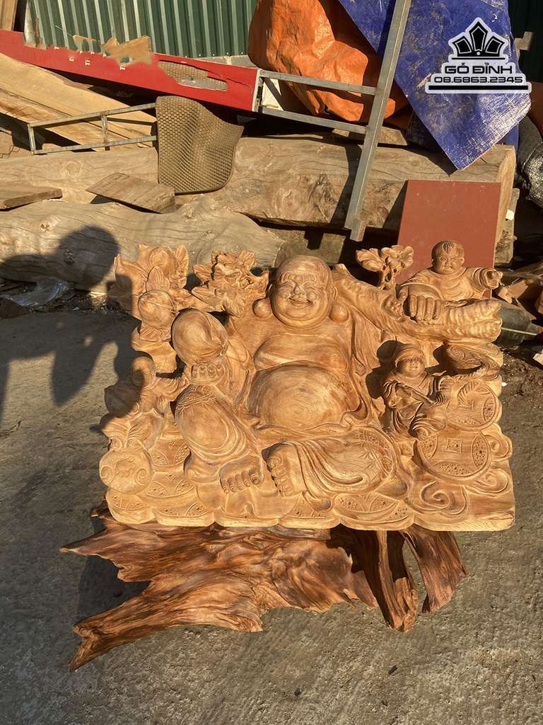 Tượng Phật Di Lặc Gỗ Ngọc Am Tam Phúc Cao 31 Ngang 52 Sâu 24 (cm)