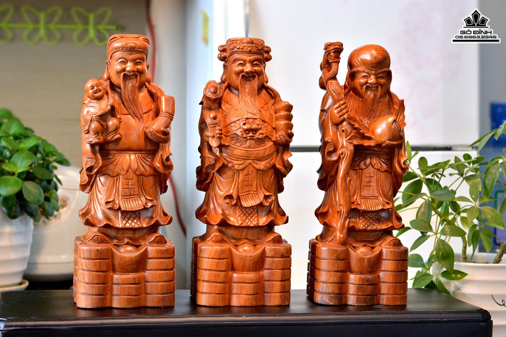 Tượng Phúc Lộc Thọ Gỗ Hương Cao 40 Ngang 15 Sâu 12 (cm)