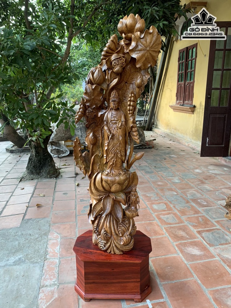 Tượng Phật Quan Âm Gỗ Bách Xanh Cao 136 Ngang 45 Sâu 33 (cm)