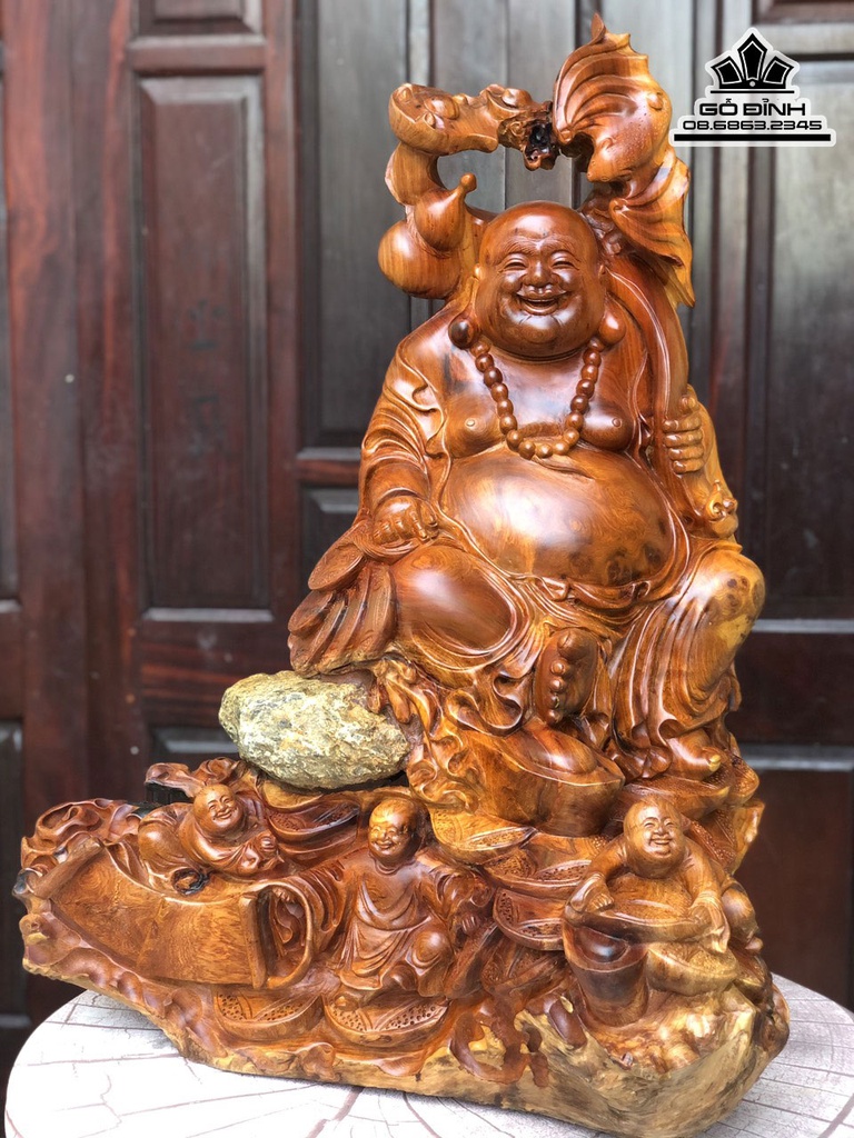 Tương Phật Di Lặc Tam Phúc Gỗ Hương Việt Cao 86 Ngang 62 Sâu 66 (cm)